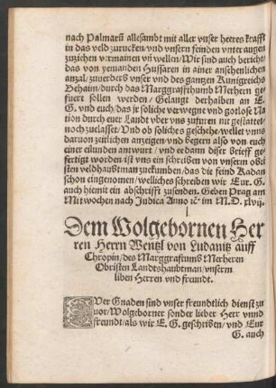 Dem Wolgebornen Herren Herrn Wentzl von Ludanitz auff Chropin ...
