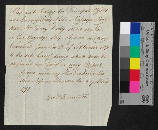 Bescheinigung für Mr. Henry Darby für seine Zeit an Bord der 'Albion'