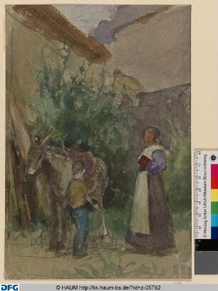 Frau mit Kind und Esel in einem Hinterhof
