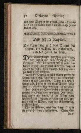 Das zehnte Kapitel. Die Wartung und das Putzen der Ohren, der Mähne, des Schwanzes, und des Haars der Füße.