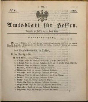 № 61. Ausgegeben zu Cassel am 27. August 1867.