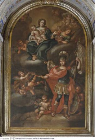 Der Erzengel Michael als Seelenwäger vor Madonna auf Wolken