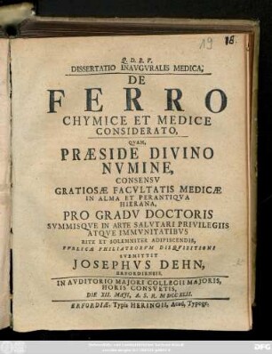 Dissertatio Inavgvralis Medica, De Ferro Chymice Et Medice Considerato : ... Die XII. Maji, A. S. R. MDCCXLII.