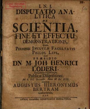 Disputatio Analytica De Scientia, Fine Et Effectu Demonstrationis