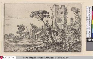 [Drei Reisende vor einem verfallenen Turm; Two Monks on a Path before a dilapidated Tower]