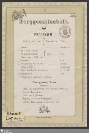 Berggesellschaft - Programm : Mittwoch, den 9. December 1891