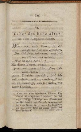 VI. Ueber das hohe Alter an Titus Pomponius Atticus.