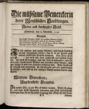Sieben und funfzigstes Stück. Mittwoch, den 12. Decembr. 1736.