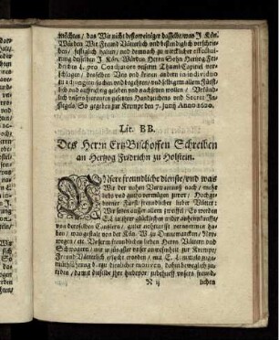 Lit. BB. Des Herrn ErtzBischoffen Schreiben an Hertzog Fridrichn zu Holstein