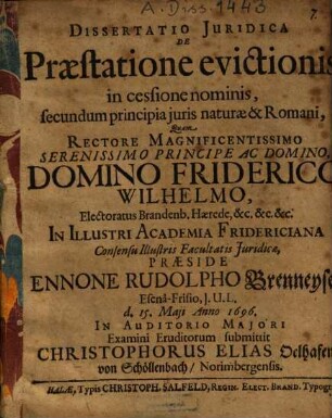 Dissertatio Juridica De Praestatione evictionis in cessione nominis, secundum principia juris naturae & Romani