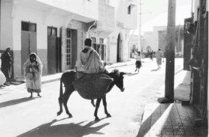 Reisefotos Marokko. Straßenbild mit Eselsreiter (wohl in Casablanca)