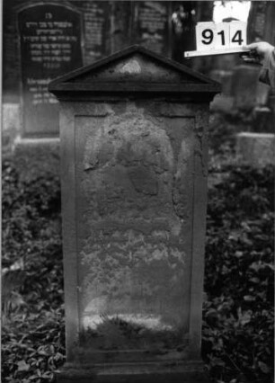 Grabstein 914 (Index: 99802568) Material: Sandstein Zustand: heb. Inschrift völl. verwitt/Textverlust Maße HxBxT: 138x60x20 cm Beschreibung: getreppter Sockel, Stelemit verdachtem Giebel und profiliertem Rand: Grabstein 914