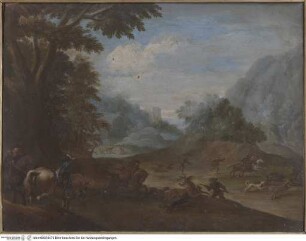 Landschaft mit Jagd auf Hirsch und Wildschwein
