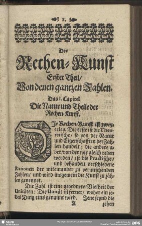 Der Rechen-Kunst Erster Theil, Von denen gantzen Zahlen