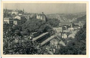 Karlsbad. Mühlbrunn und Kurhaus : Karlsbad. Mühlbrunn-Quai an der Teplá mit Mühlbrunn-Kolonnade und Kurhaus. Stadtteilansicht mit Westend und Königs-Villa sowie Villa Theresa