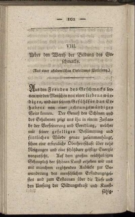 VIII. Ueber den Werth der Bildung des Geschmacks.