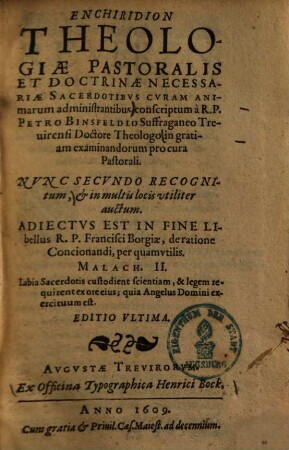 Enchiridion theologiae pastoralis et doctrinae necessariae sacerdotibus curam animarum administrantibus ... : in gratiam examinandorum pro cura pastorali
