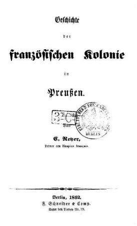 Stempel: Bibliothek d. Kön. Cadetten... Berlin