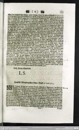 N.134. Hochstifft Würtzburgischer Lehen-Brieff de Anno 1714