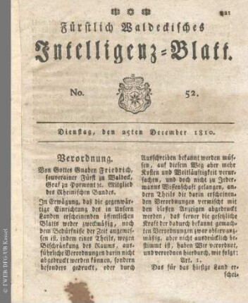 No. 52, Dienstag, den 25ten December 1810