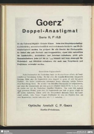 Goerz´ Doppel-Anastigmat Serie III, F:6,8