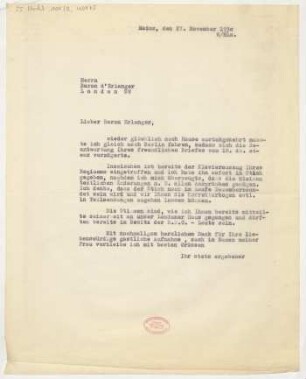 Brief an Frédéric d' Erlanger : 27.11.1930