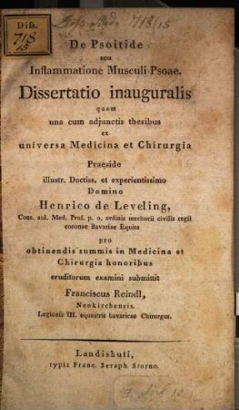 De psoitide, seu inflammatione musculi psoae : diss. inaug., unacum adiectis thesibus