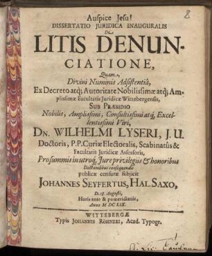 Dissertatio Iuridica Inauguralis De Litis Denunciatione
