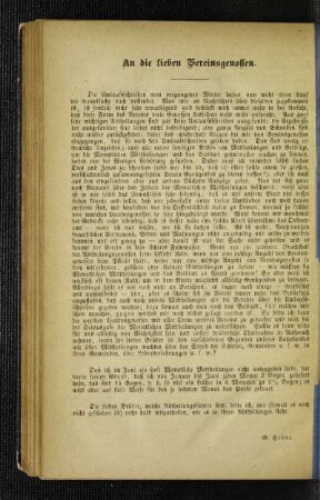 An die lieben Vereinsgenossen