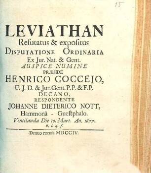 Leviathan Refutatus & expositus Disputatione Ordinaria Ex Jur. Nat. et Gent.