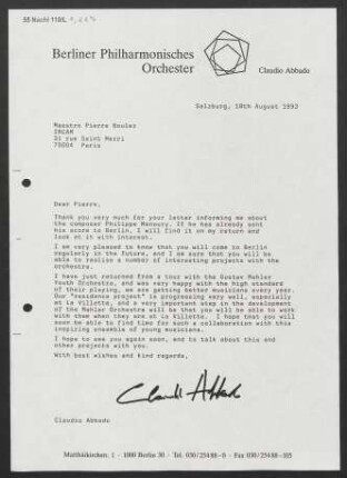 Brief an Pierre Boulez, 18.08.1993