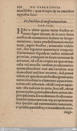 De Fructibus et messe minealium. Cap. IIII.