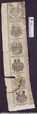 Sechs Wappen (v. Harrach, von Payrsberg, v. Gallenberg, v. Kokorzowa, v. Starzhausen, v. Falckenstein) als Randverzierung für einen Kalender.