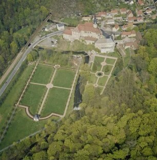Weesenstein. Blick über Müglitztal mit Park (um 1780) und Schloß (Gründung um 1200, Ausbau A. 15. Jh.). Luftbild-Schrägaufnahme von Südsüdwesten