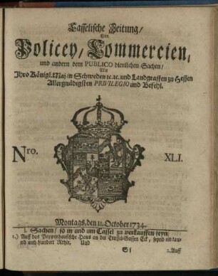 Nro. XLI, Montags, den 11. October 1734