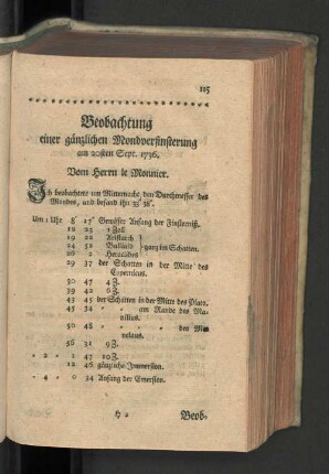 Beobachtung einer gänzlichen Mondfinsterung am 20sten Sept. 1736.