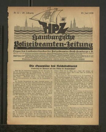 HPZ Hamburgische Polizeibeamten-Zeitung Nr. 12 / 20. Jahrgang 15. Juni 1930