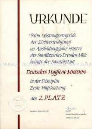 Ehrenurkunde der Zivilverteidigung für den Sanitätszug des Deutschen Hygiene-Museums