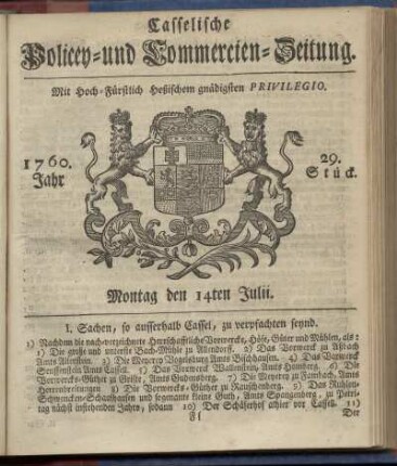 29. Stueck, Montag den 14ten Julii 1760