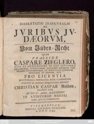 Dissertatio Inavgvralis De Jvribvs Jvdæorvm