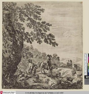 [Zwei Reiter passieren eine Weide mit Schafherde; Deux cavaliers passant près d'un troupeau]
