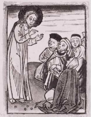 Predigt Jesu vor sitzenden Frauen und Männern
