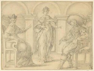 Allegorische Königin zwischen Geistlichem und Kavalier