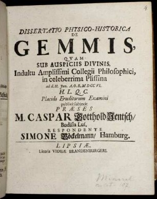 Dissertatio Physico-Historica De Gemmis