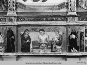 Triptychon : Triptychon: Predella: Stigmatisierung des Franziskus, Enthauptung des Johannes, Schmerzensmann mit Maria und Johannes, Szene aus dem Leben des heiligen Frosinus und Martyrium des Laurentius