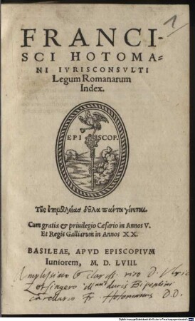 Francisci Hotomani Legum Romanarum Index