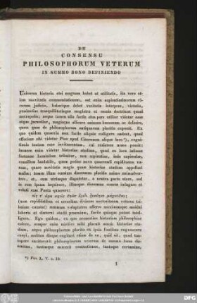 [I.] De Consensu Philosophorum Veterum In Summo Bono Definiendo