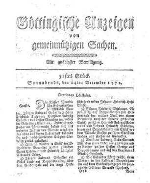 51stes Stück. Sonnabends, den 24ten December 1772.
