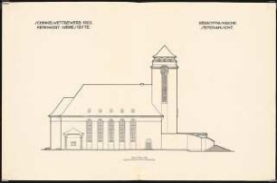 Gedächtniskirche mit Gedenkhalle Schinkelwettbewerb 1920: Talansicht (von Süden) 1:100