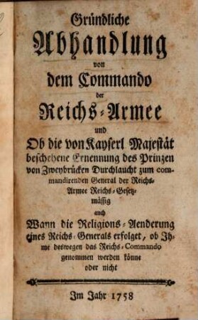 Gründliche Abhandlung von dem Commando der Reichs-Armee